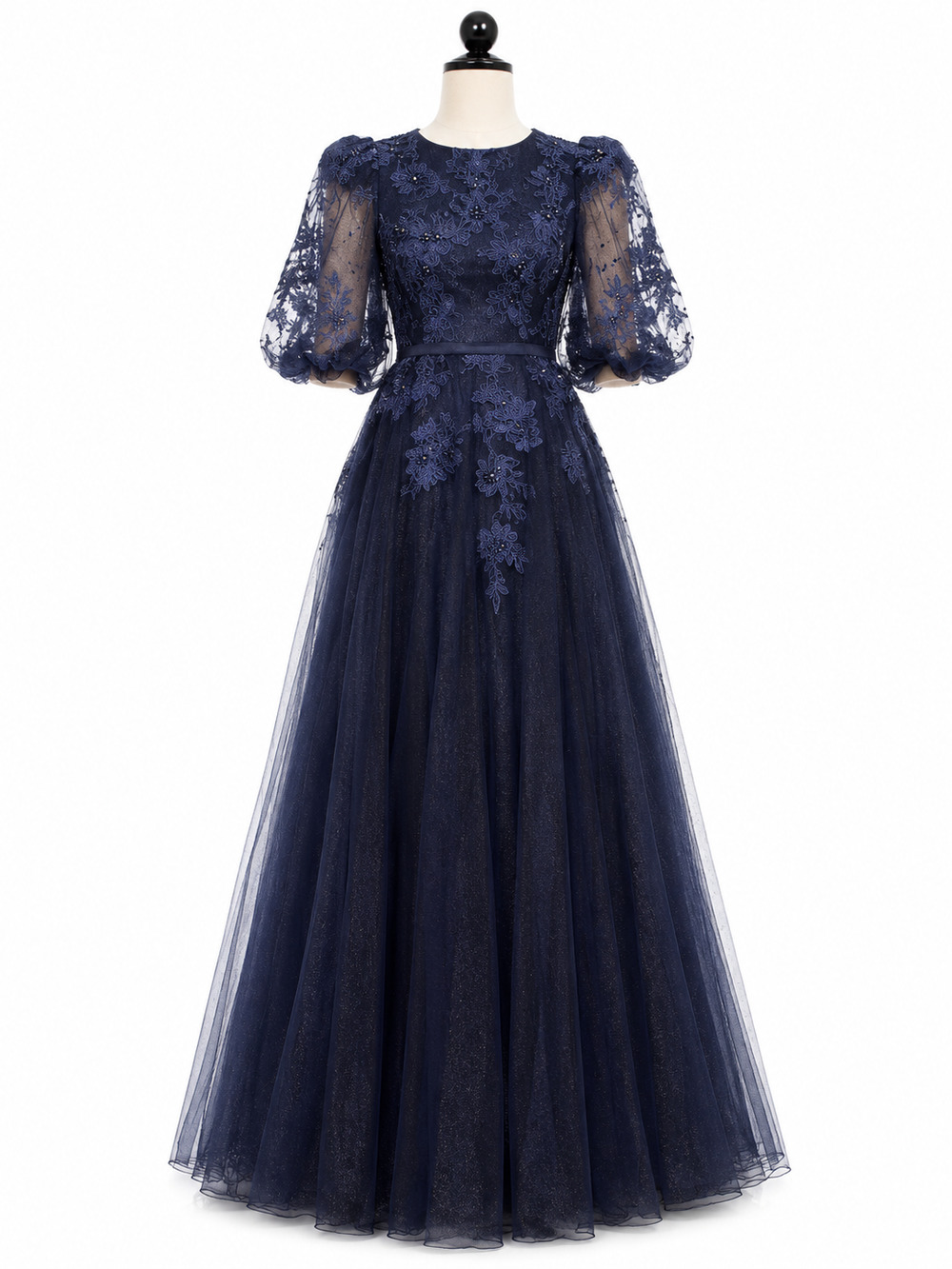 Mac Duggal 20506 Navy Blue Floral Embroidered Beaded 3/4 Sleeve Formal Gown 14